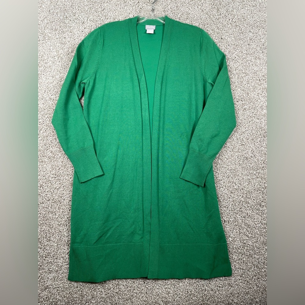 Chico’s Open Front Long Cardigan Sweater Amazon Green Size 0 (Small 4) NWT